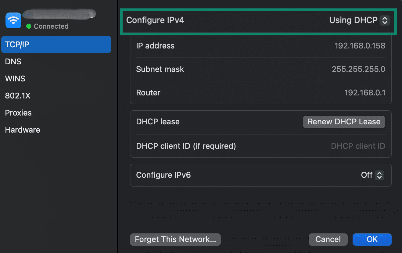 The TCP/IP settings on Mac, highlighting the IPv4 configuration using DHCP.