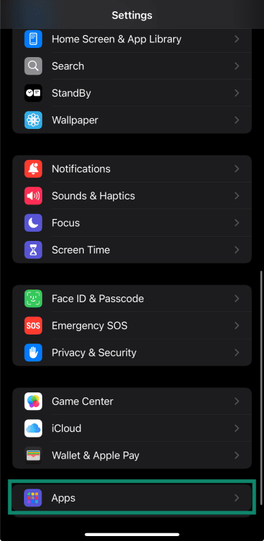 iPhone Settings screen highlighting the Apps option. 