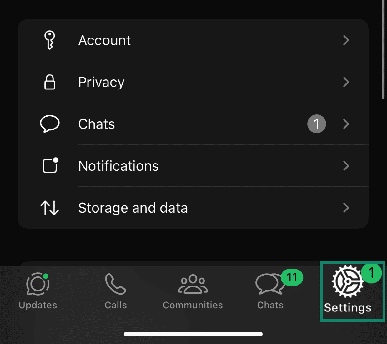 Closeup of WhatsApp page with Settings highlighted.