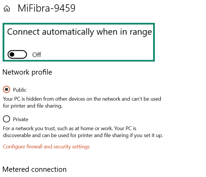 Windows screen showing how to toggle off Connect automatically when in range.