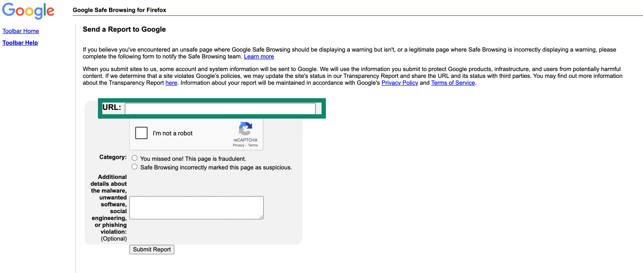 Google Safe Browsing page with URL field highlighted.