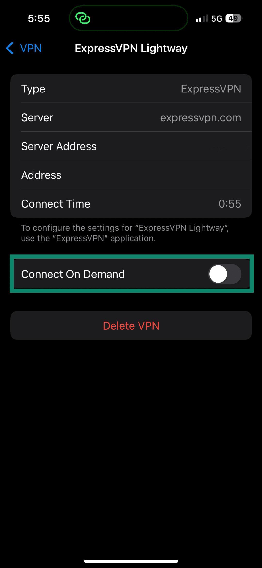 ExpressVPN configuration screen on iPhone showing the “Connect On Demand” toggle, with the option turned off.