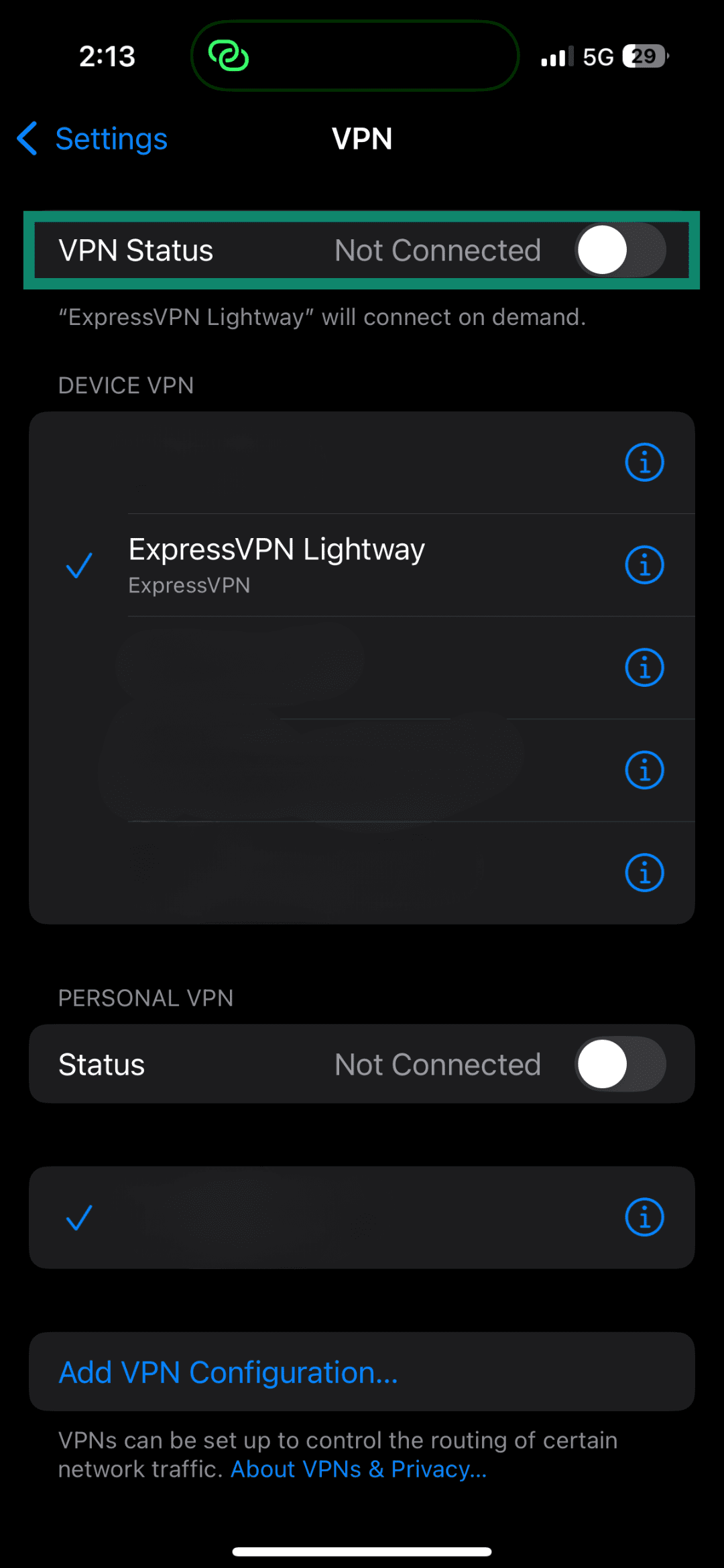 iPhone VPN settings screen showing VPN status as “Not Connected” with ExpressVPN Lightway selected.
