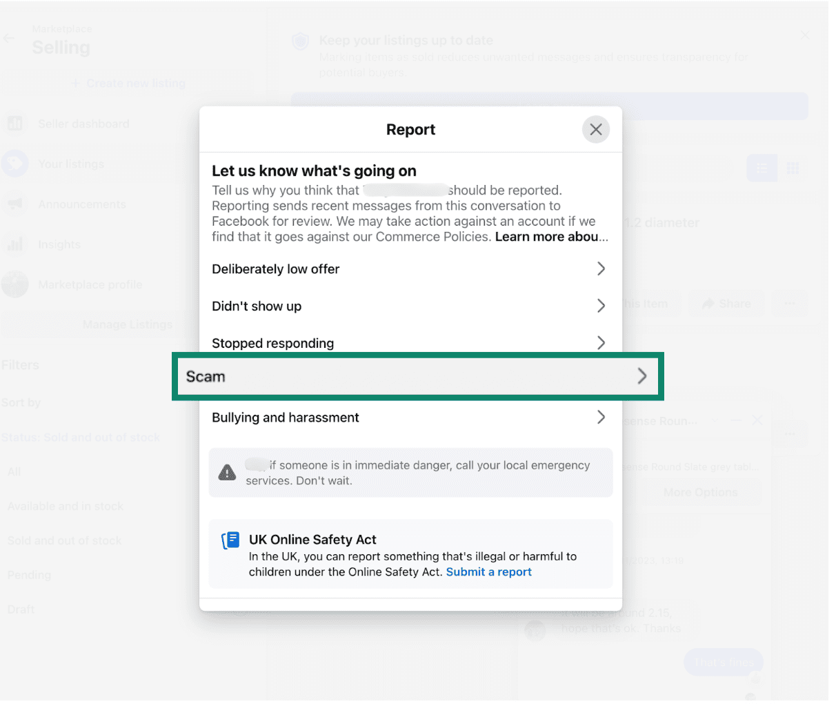 Reporting a scam on Facebook Marketplace.