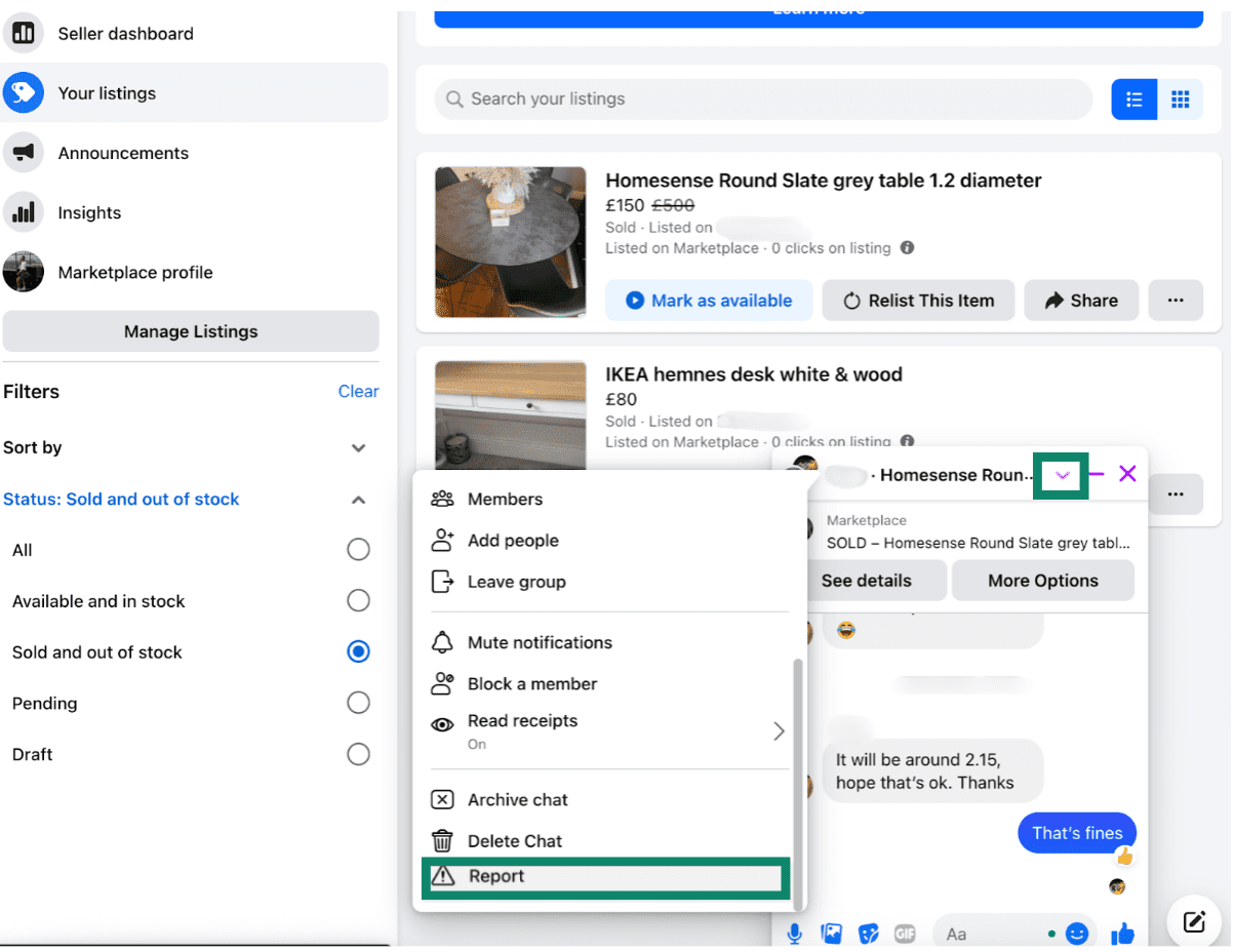 Reporting a buyer on Facebook Marketplace.