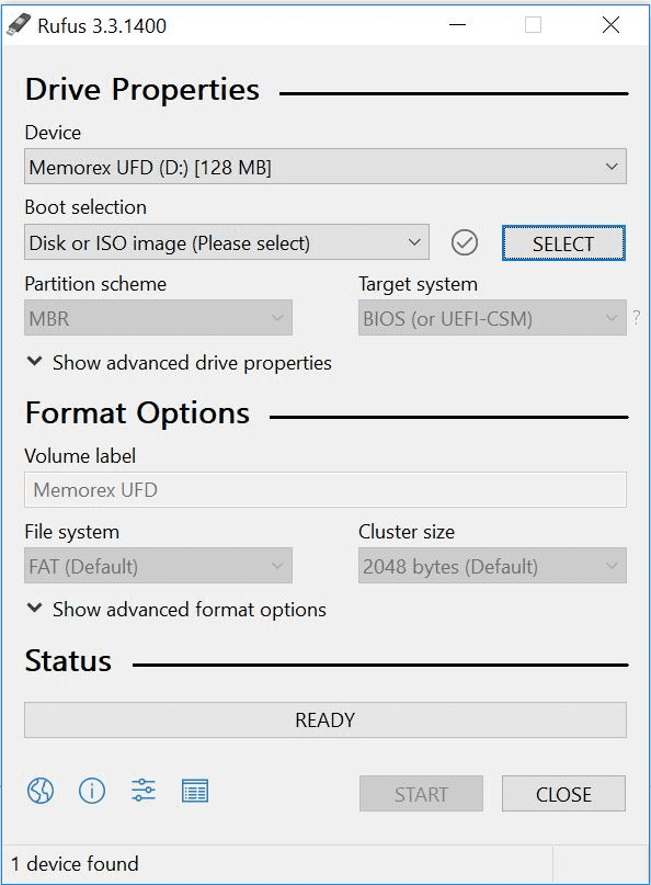 Rufus interface show boot device (USB).