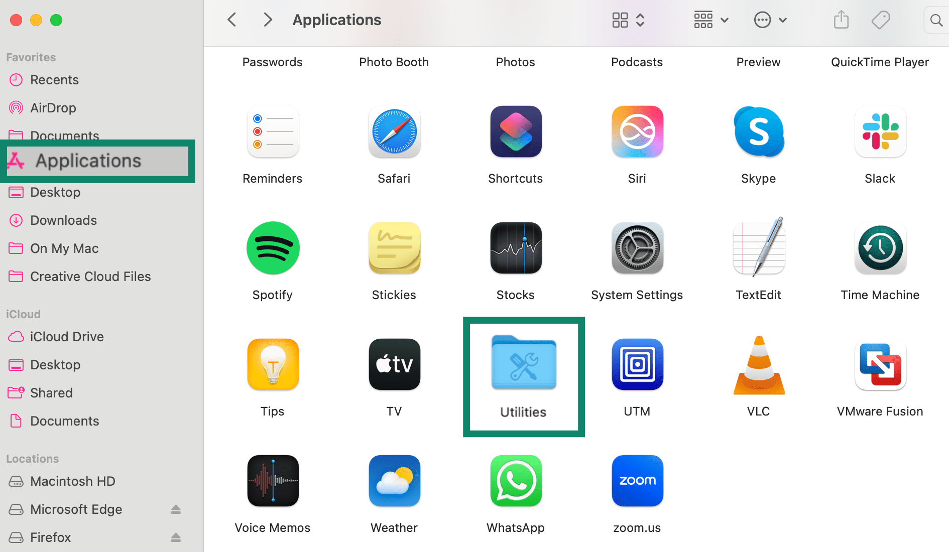 Applications folder in Finder showing the Utilities folder on Mac.