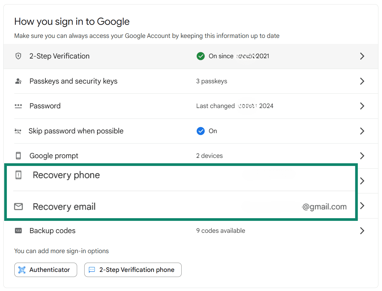 The Google Account security settings page shows the "Recovery phone" and "Recovery email" sections are highlighted, indicating that you need to add them.