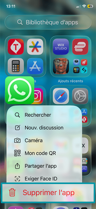 iOS home screen, showing the WhatsApp app quick actions, with the "Remote App" option highlighted.