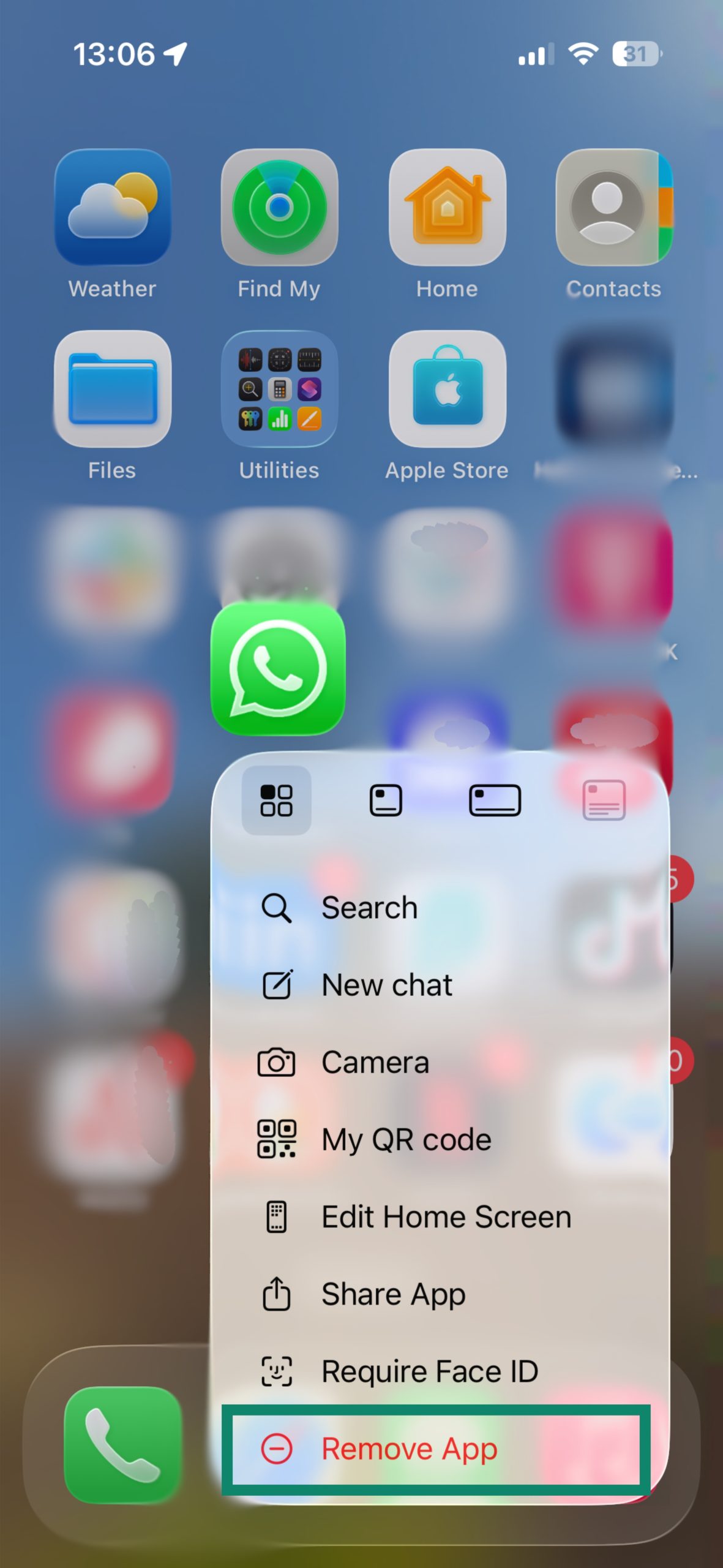 iOS home screen, showing the WhatsApp app quick actions, with the "Remote App" option highlighted.