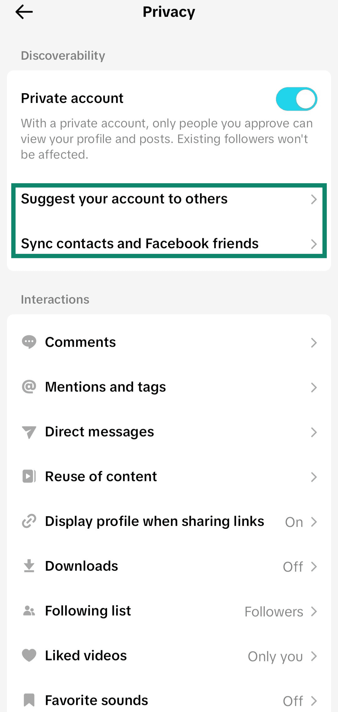 Screenshot showing how to access the sync and suggestion menus through TikTok's privacy settings