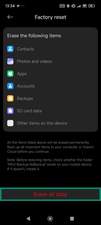 Factory reset confirmation screen.