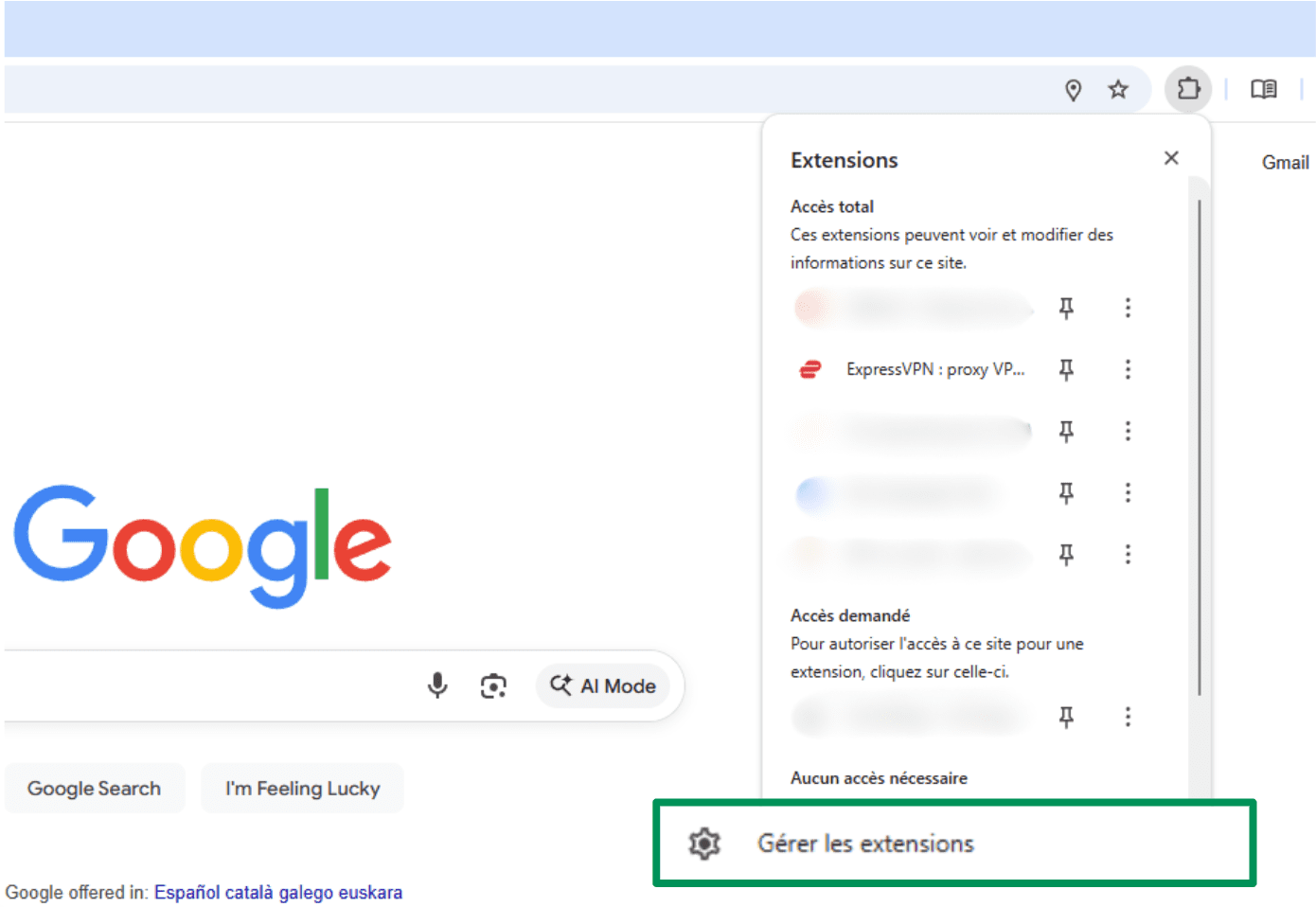 A screenshot of Google Chrome, showing the Manage Extensions button.