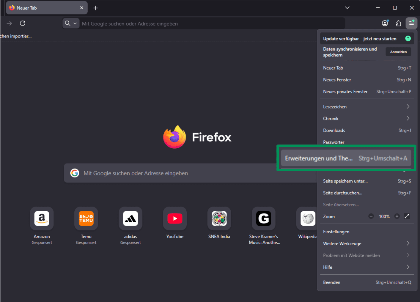 A screenshot of the Mozilla Firefox menu, showing the Extensions and themes button.
