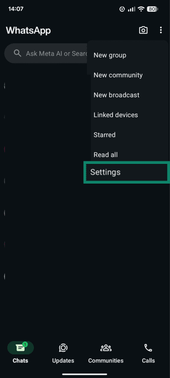 A screenshot of the WhatsApp app, showing the menu and the Settings button.