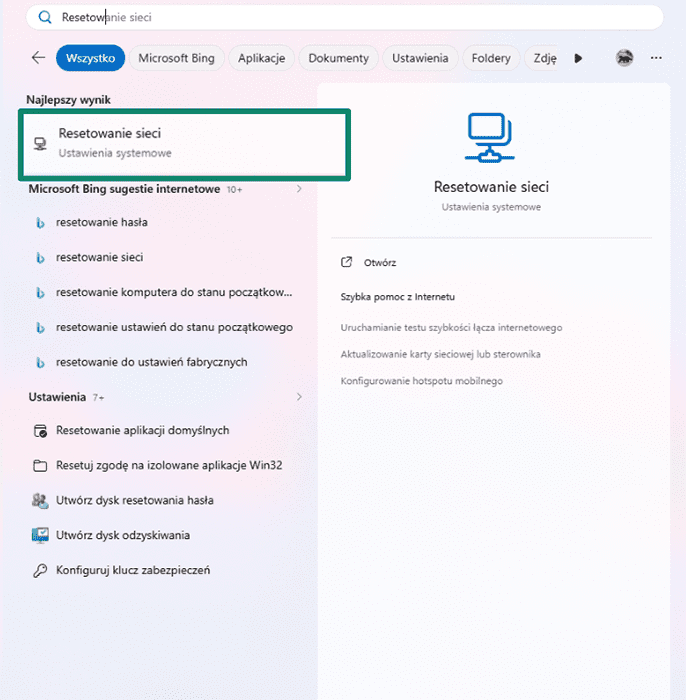 A Windows interface showing a search for network reset, with the result highlighted.
