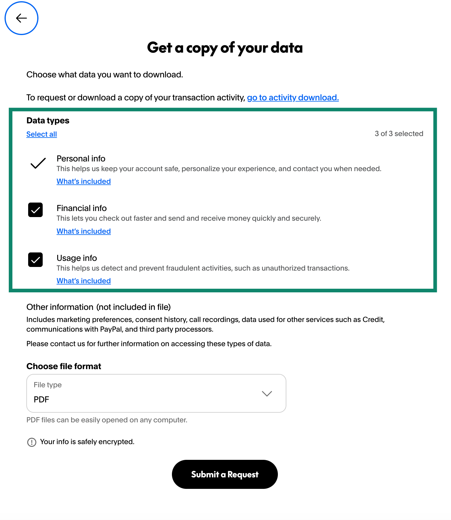 The Get a copy of your data PayPal screen, showing the types of data you can download.