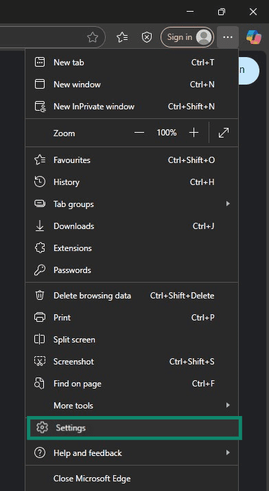 Edge menu with the Settings button highlighted.
