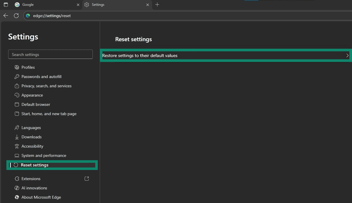 Edge Settings menu with the Reset settings and Restore settings to their default values buttons highlighted.