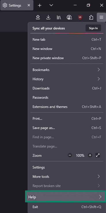 Firefox menu with the Help button highlighted.