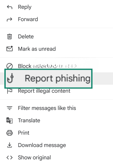 The "More" menu for a Gmail message. The "Report phishing" option is highlighted and enlarged.