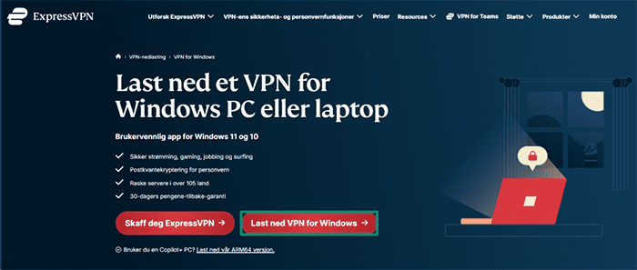 ExpressVPN's download page for the Windows app.