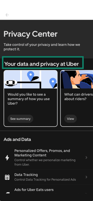 Uber privacy centre landing page on mobile.