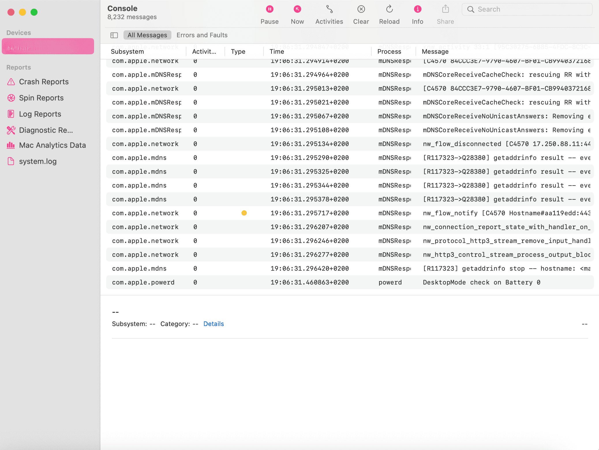 Mac Console app showing network and mDNS logs.