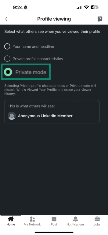 LinkedIn profile viewing settings with Private mode enabled on mobile.