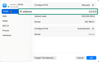 MacOS TCP/IP settings, showing how to edit an IP address.
