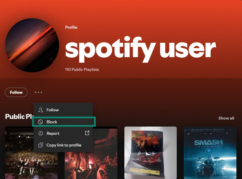 Spotify user profile options menu, highlighting the Block button.