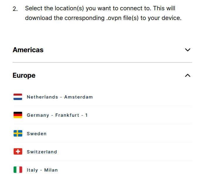 Downloading .ovpn configuration files for preferred servers from ExpressVPN web portal.
