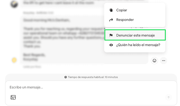 Airbnb Messages screen showing Report this message function.