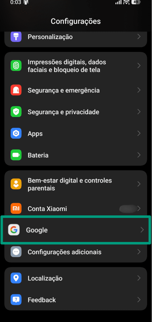 A screenshot of the main page of the Android Settings app.