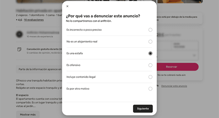 Airbnb listing page showing how to report a listing.