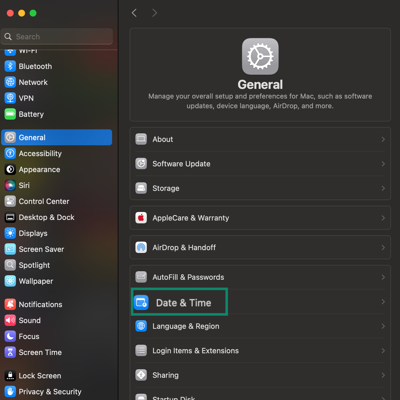 Mac screen showing the General settings plus Date and Time