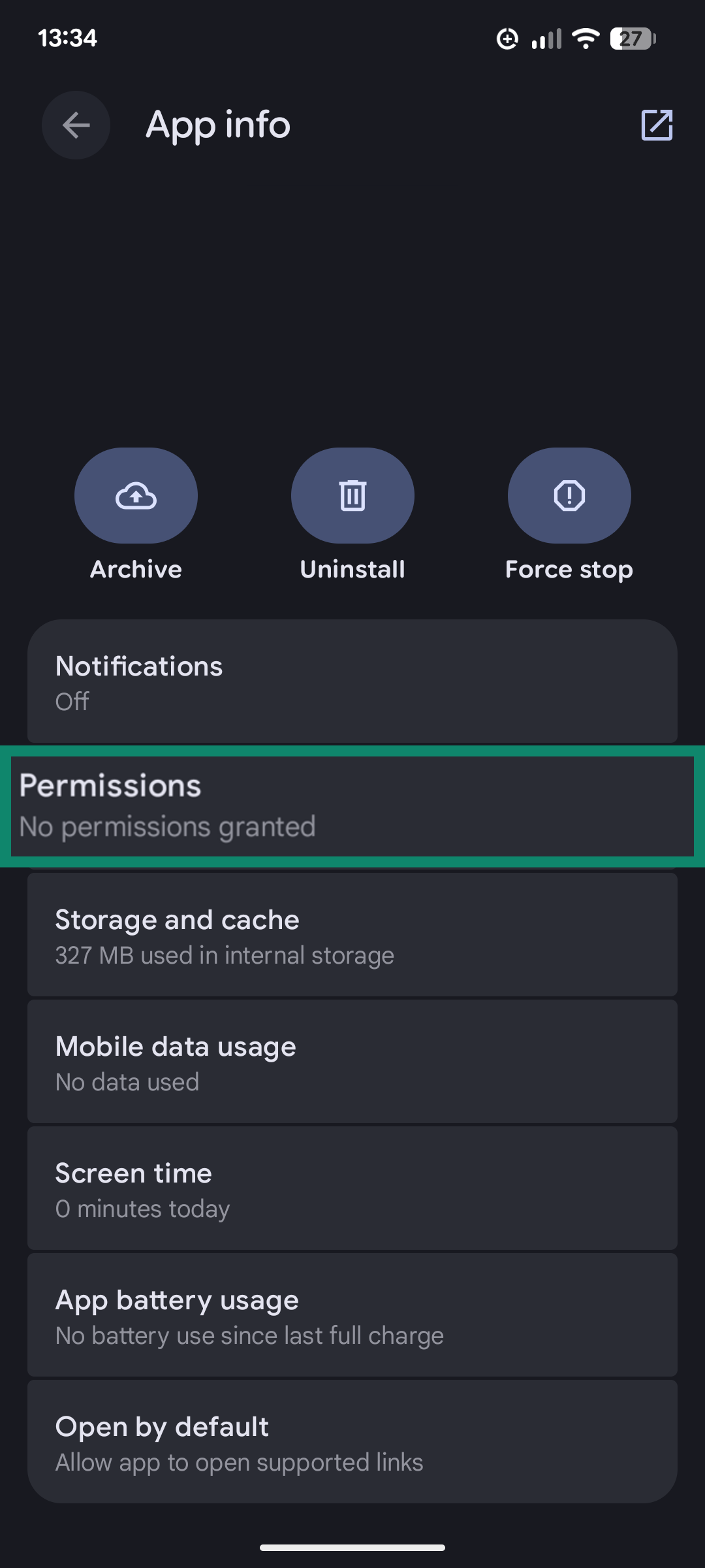 A screenshot of the App info menu for an Android mobile game, showing the option to adjust permissions.