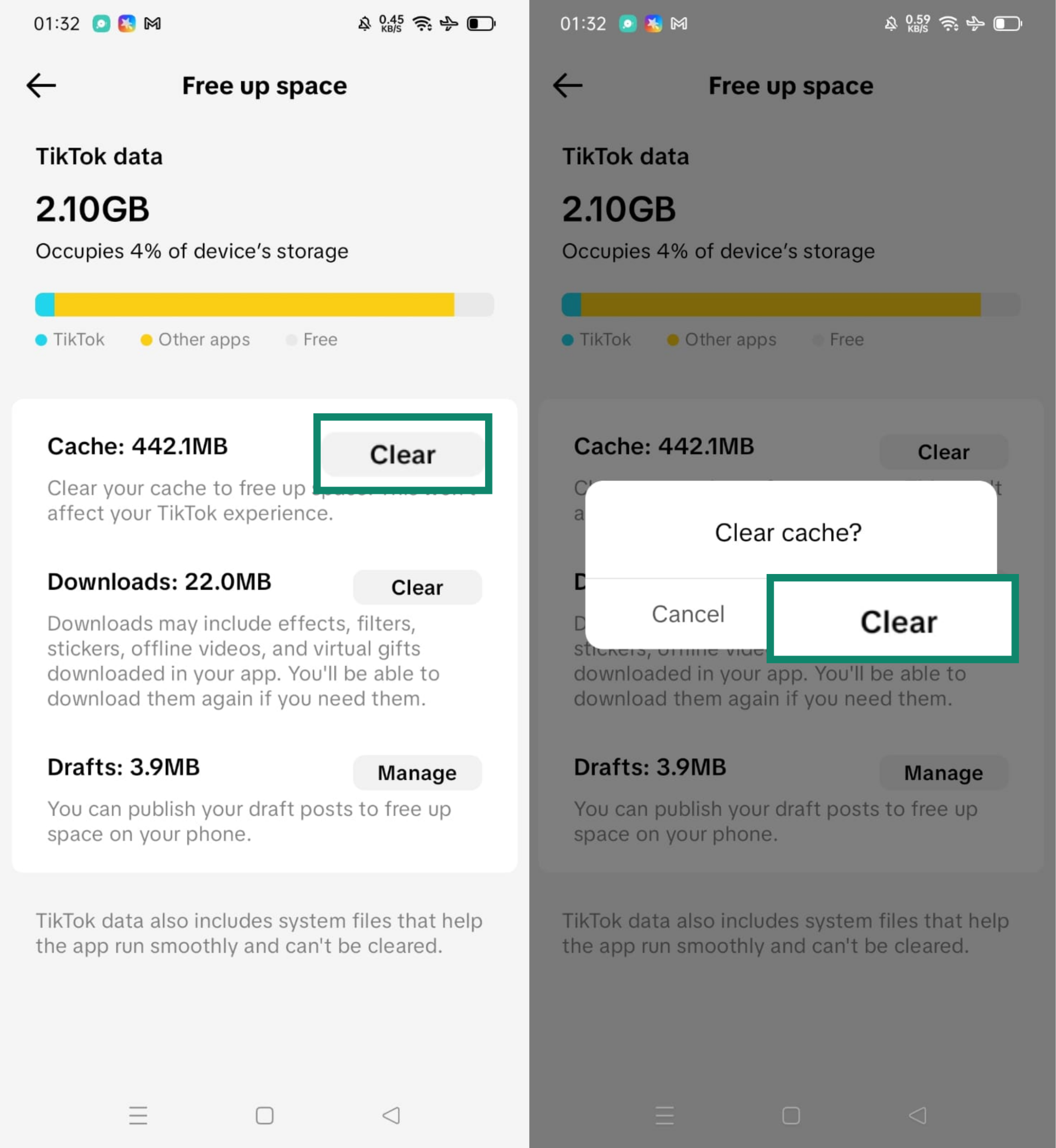 TikTok Free up space menu showing cache, downloads, and drafts with Clear and Manage options.