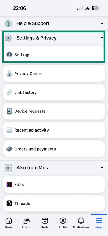 The main profile menu on the iOS Facebook app. The "Settings & privacy" dropdown menu and "Settings" menu entry are highlighted.