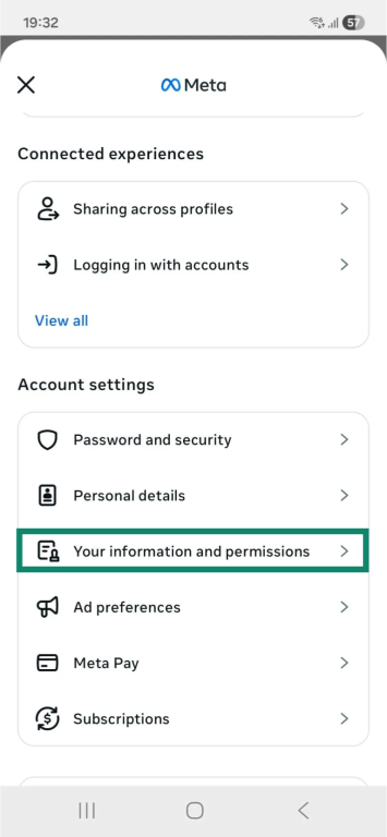 The Meta "Accounts Center" page on the Android Facebook app. The "Your information and permissions" option is highlighted.