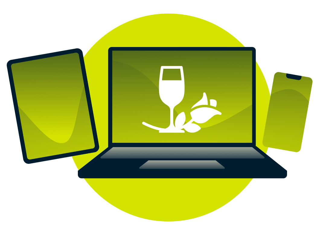 Um laptop, tablet e telefone, com uma taça de vinho e rosa.