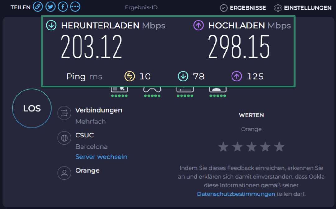 Speedtest.net internet speed results page.