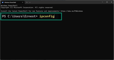 Windows Terminal screen with ipconfig entered.