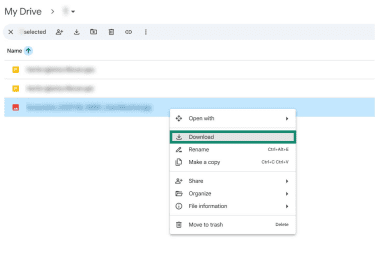 A Google Drive folder accessed on Windows 10. An image file is selected, and the "Download" option is highlighted.