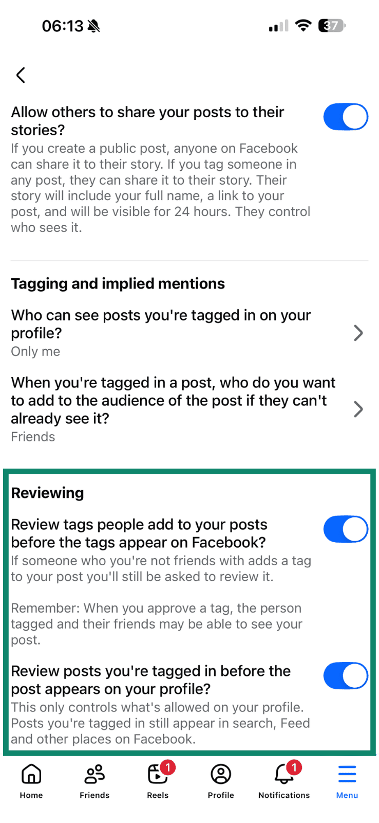 The option to review how people tag you on Facebook using the mobile app's settings menu.