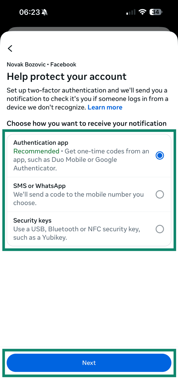 The options for two-factor authentication highlighted on Facebook mobile.