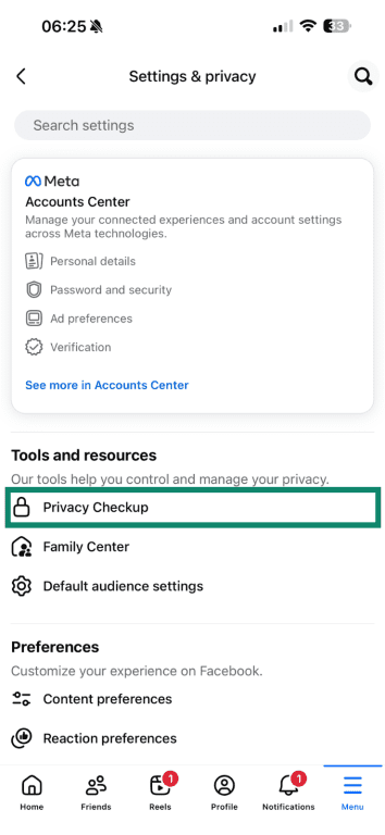 The Privacy Checkup menu item in Facebook's mobile settings.