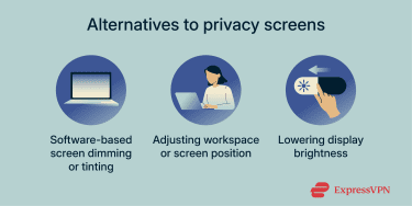 Software-based filters, workspace adjustments, and reduced screen brightness used as alternatives to a privacy screen.
