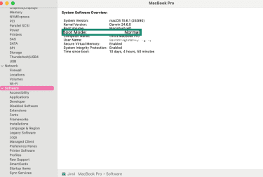 System Information window showing Software details for the MacBook Pro.
