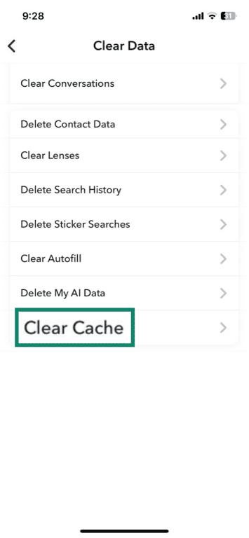 Snapchat app Clear Data settings on iPhone highlighting the Clear Cache option.